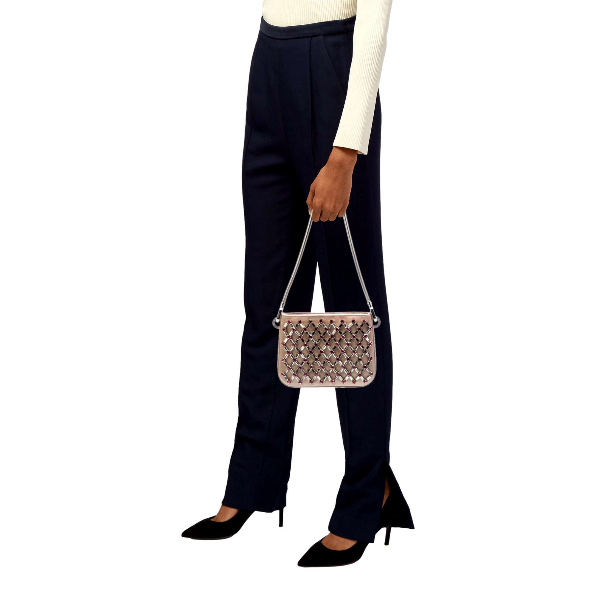 Miu Miu Sassy Crystal Embellished Powder Pink Satin Handbag available at Queen Bee of Beverly Hills