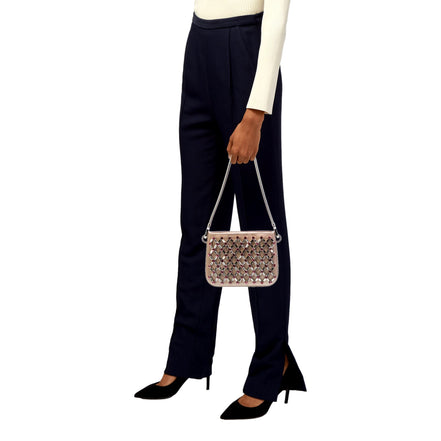 Miu Miu Sassy Crystal Embellished Powder Pink Satin Handbag available at Queen Bee of Beverly Hills