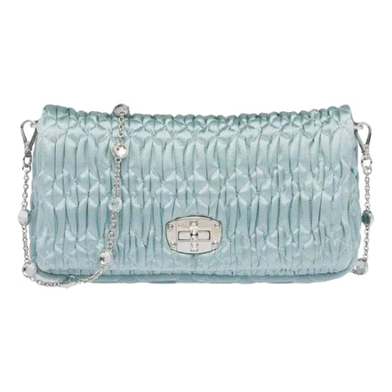 Miu Miu Satin Quilted Crystal Embellished Chain Crossbody Light Blue