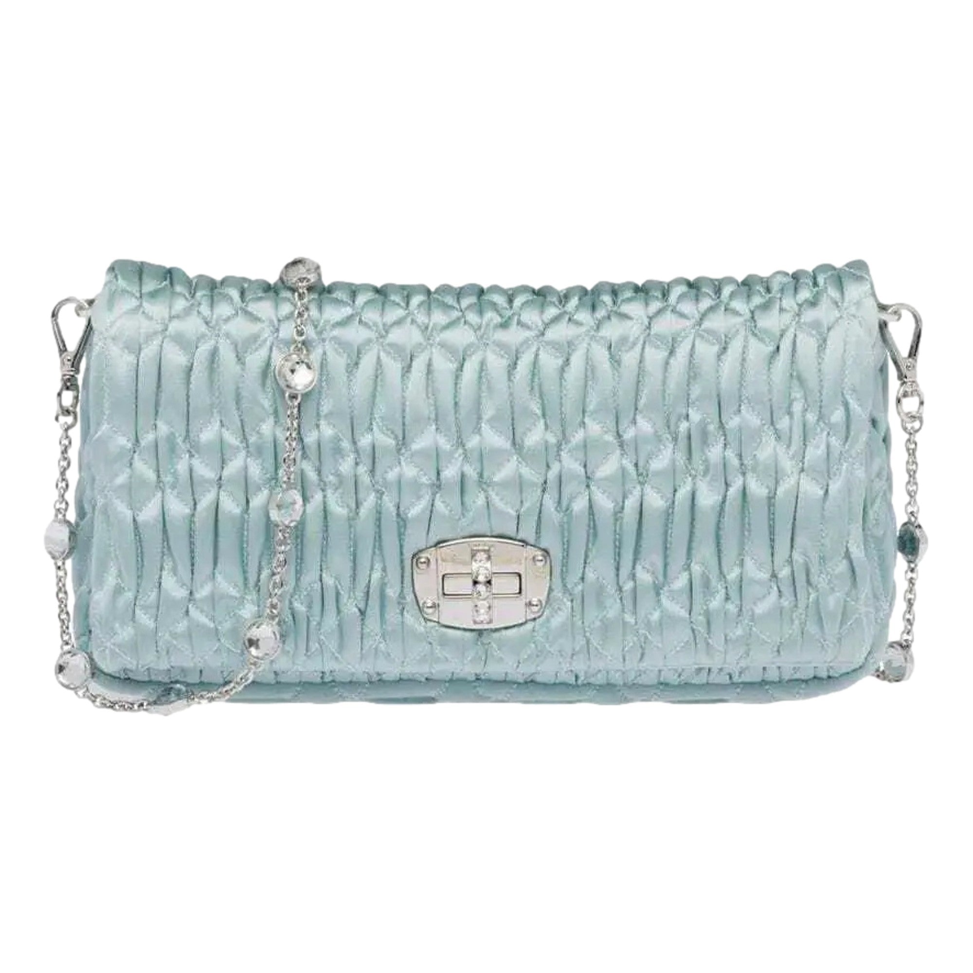 Miu Miu Satin Quilted Crystal Embellished Chain Crossbody Light Blue