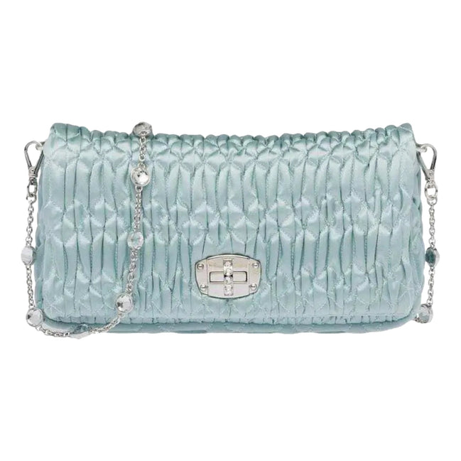 Miu Miu Satin Quilted Crystal Embellished Chain Crossbody Light Blue