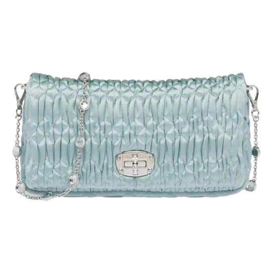 Miu Miu Satin Quilted Crystal Embellished Chain Crossbody Light Blue