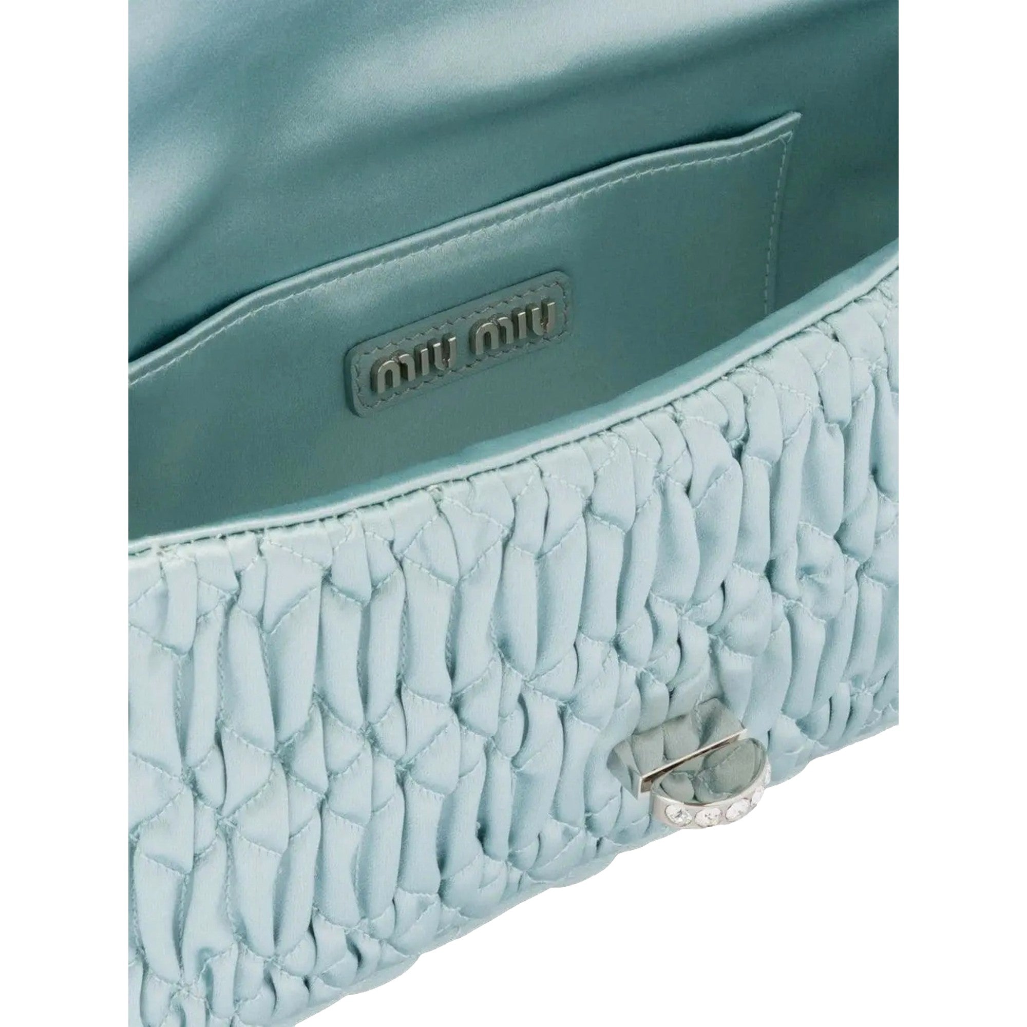 Miu Miu Satin Quilted Crystal Embellished Chain Crossbody Light Blue