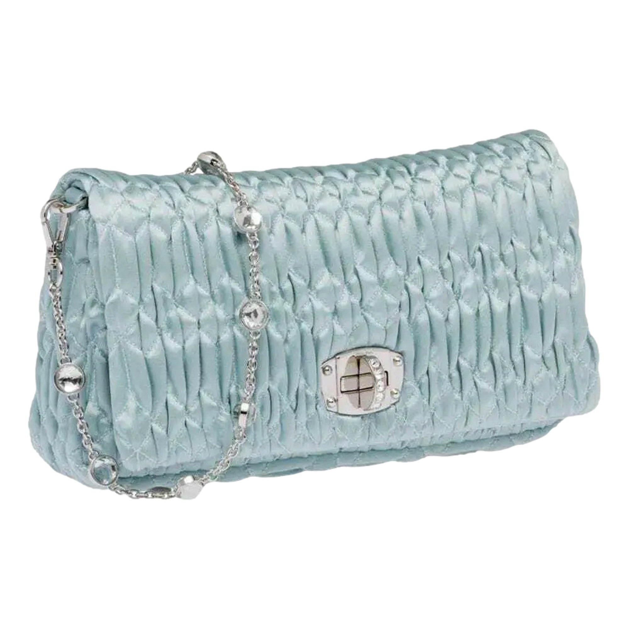 Miu Miu Satin Quilted Crystal Embellished Chain Crossbody Light Blue