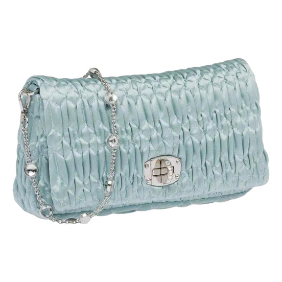 Miu Miu Satin Quilted Crystal Embellished Chain Crossbody Light Blue