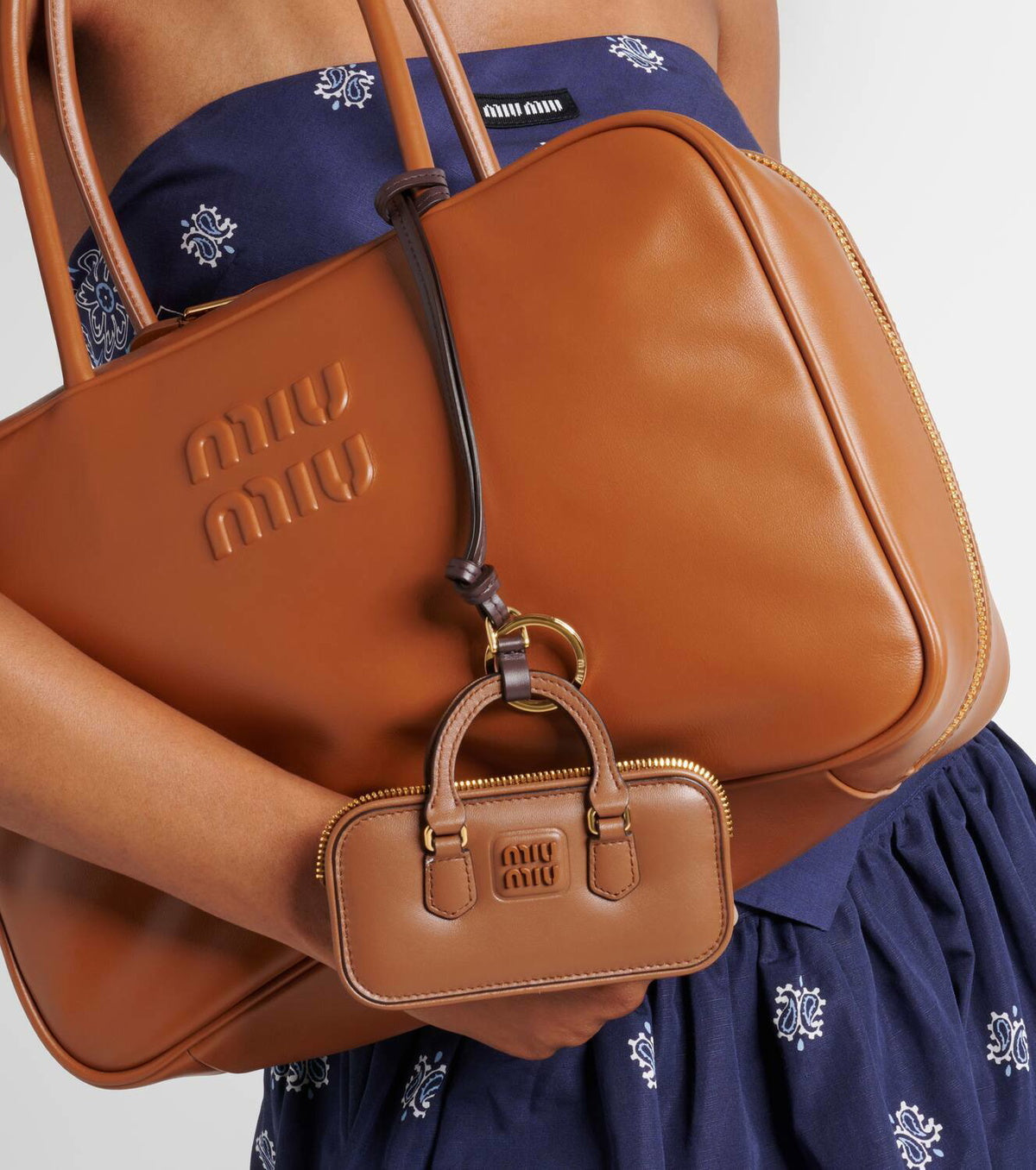 Miu Miu Arcadie Miniature Leather Bag Charm Brown Gold Hardware Zip Closure