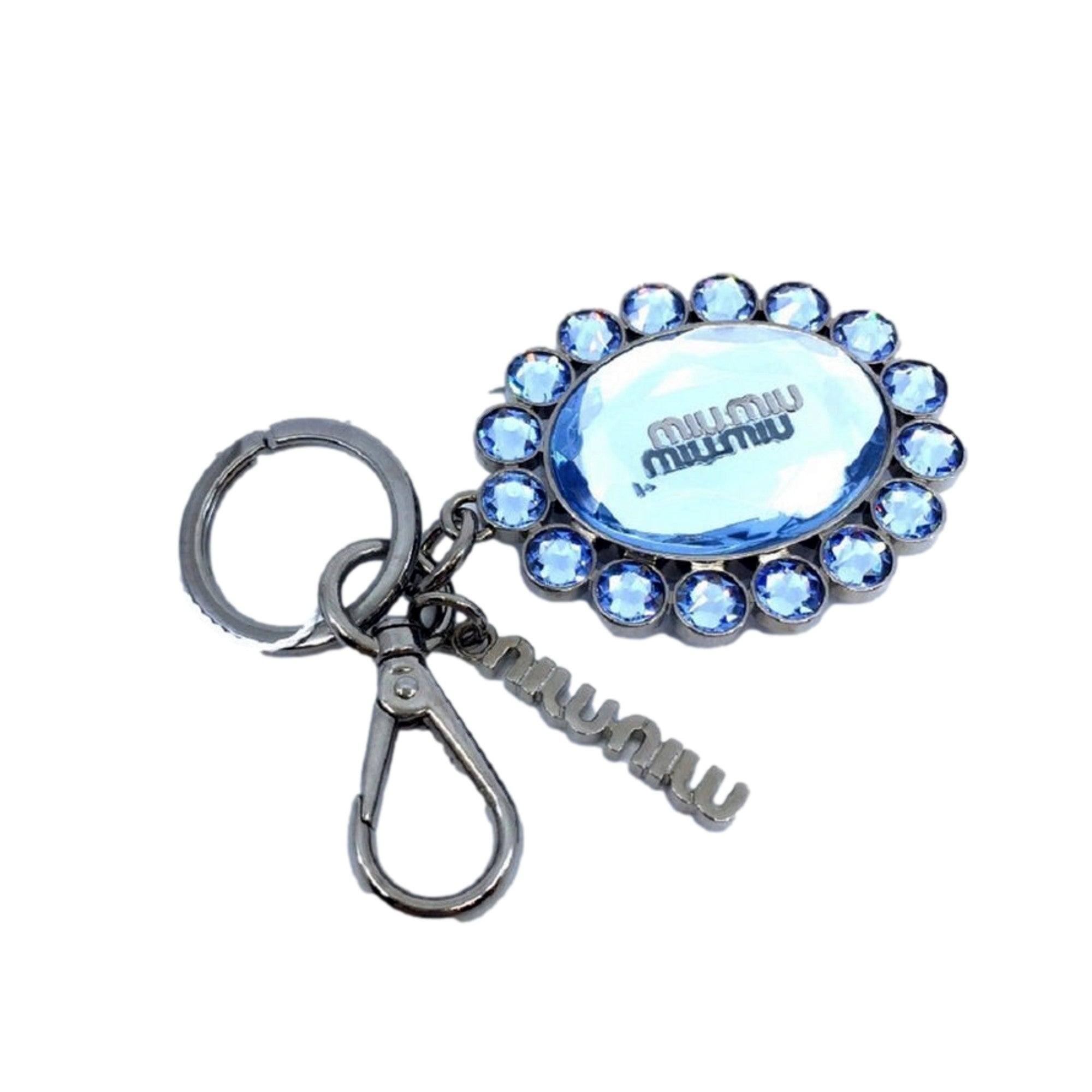 Miu Miu Trick Metallo Oval Crystal Blue Plex Charm Key Chain Key Ring