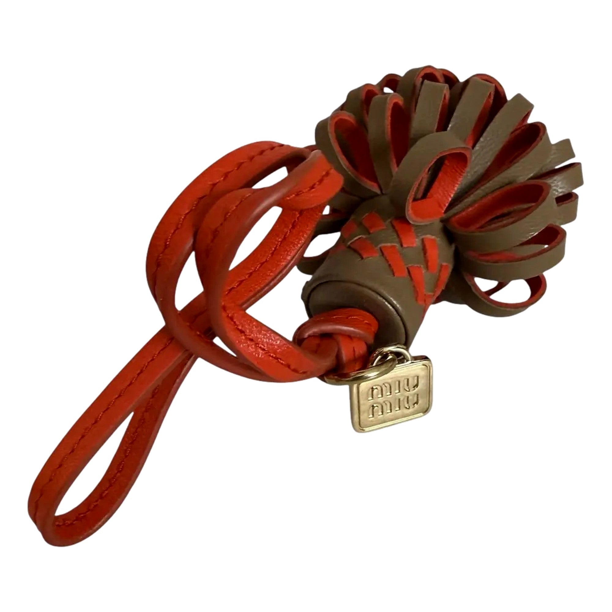 Miu Miu Trick Nappa Leather Pompom Bag Charm Brown and Orange