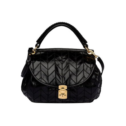 Miu Miu Vitello Shine Patch Black Leather Satchel Bag available at Queen Bee of Beverly Hills