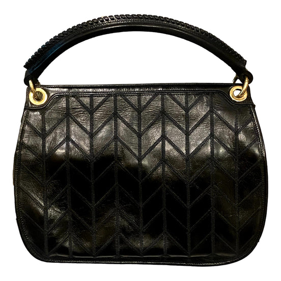 Miu Miu Vitello Shine Patch Black Leather Satchel Bag available at Queen Bee of Beverly Hills