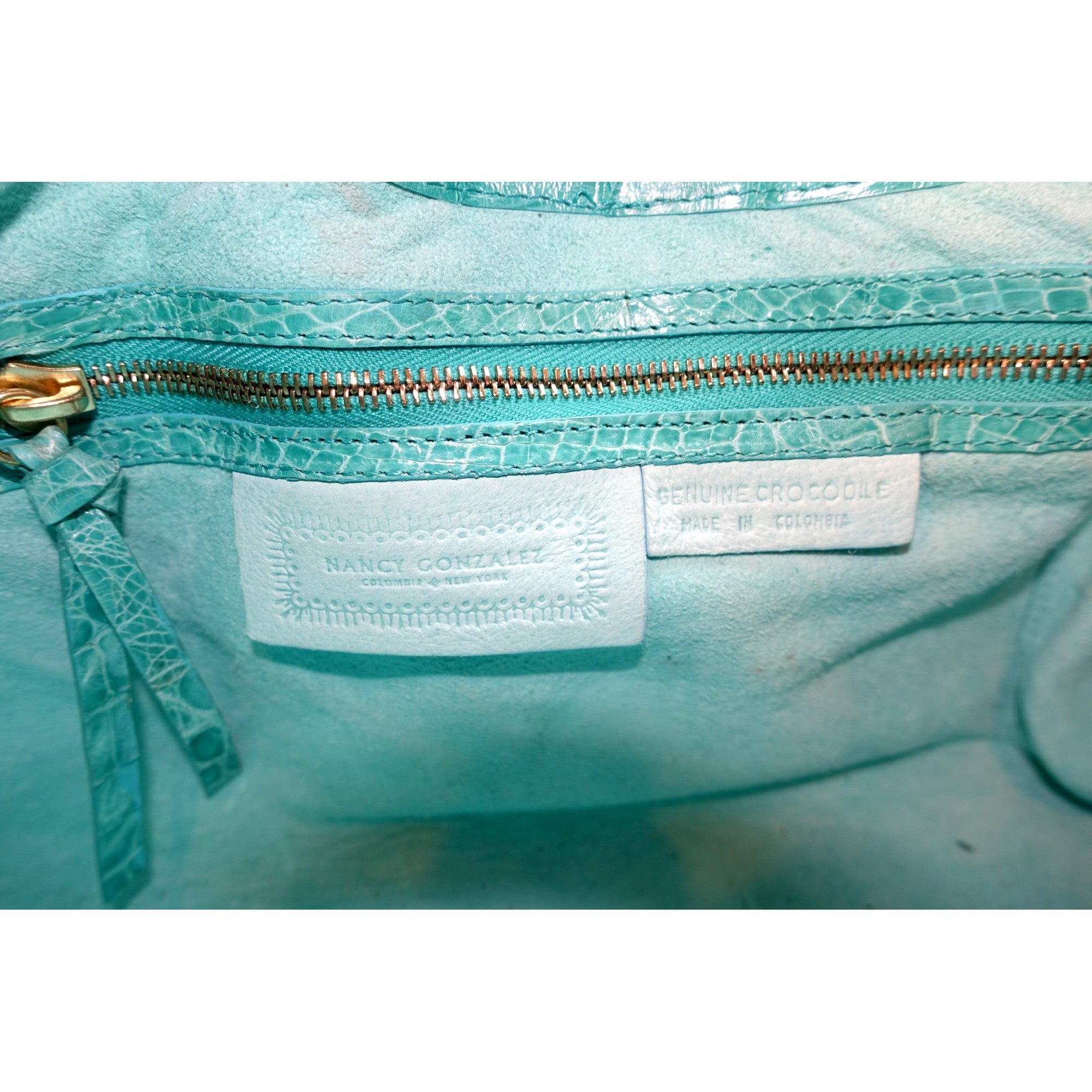 Nancy Gonzalez XL Teal Crocodile Belly Skin Handbag available at Queen Bee of Beverly Hills