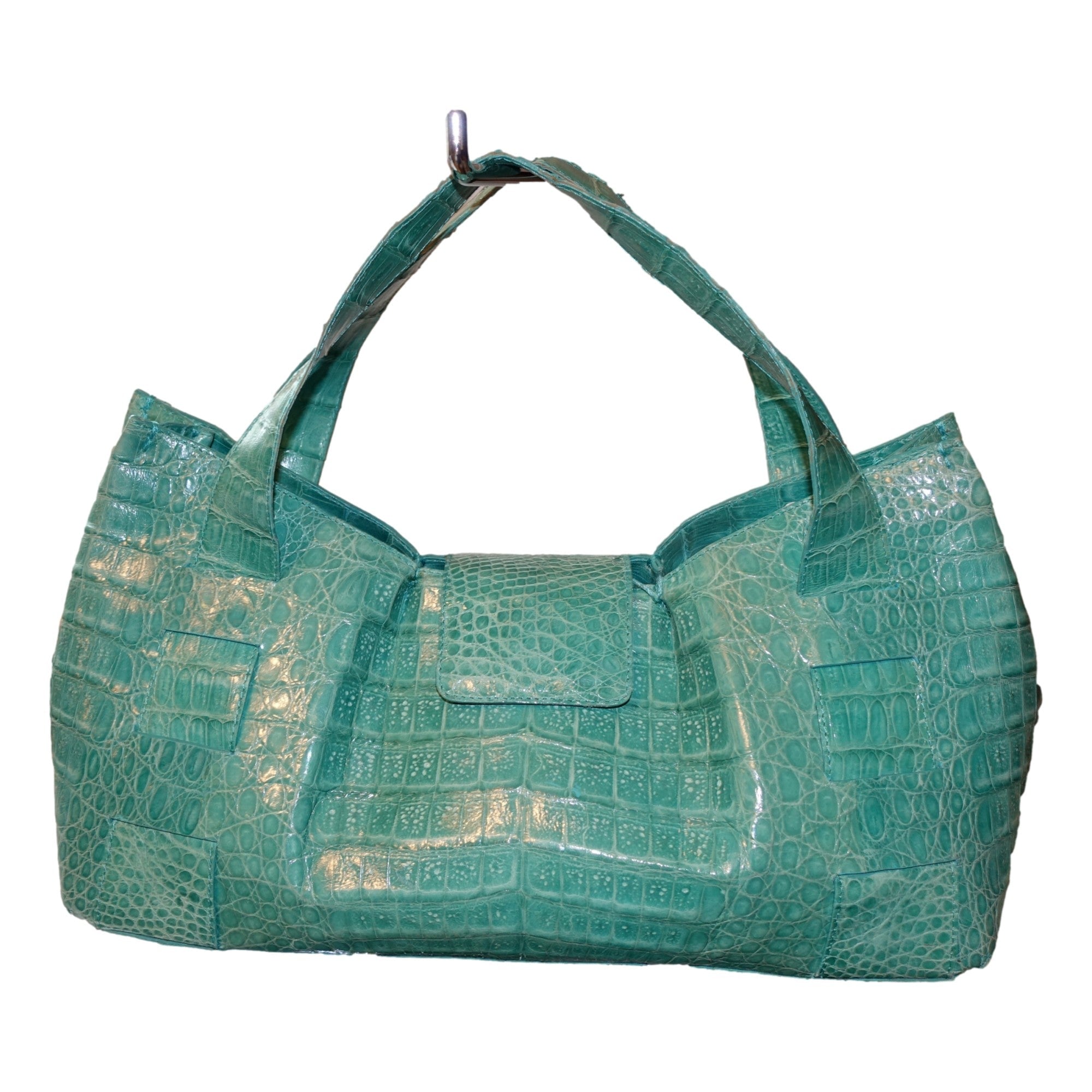 Nancy Gonzalez XL Teal Crocodile Belly Skin Handbag available at Queen Bee of Beverly Hills