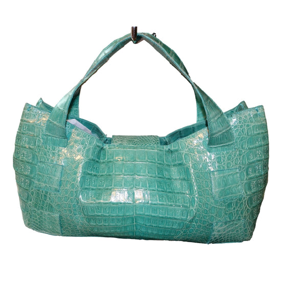 Nancy Gonzalez XL Teal Crocodile Belly Skin Handbag available at Queen Bee of Beverly Hills
