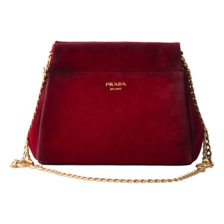 Prada Mini Enchaine Suede Ombre Shoulder Bag Rubino Red available at Queen Bee of Beverly Hills