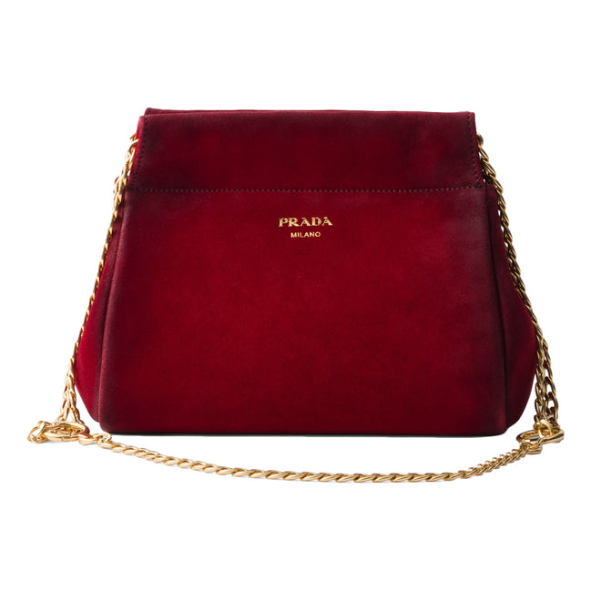 Prada Mini Enchaine Suede Ombre Shoulder Bag Rubino Red available at Queen Bee of Beverly Hills