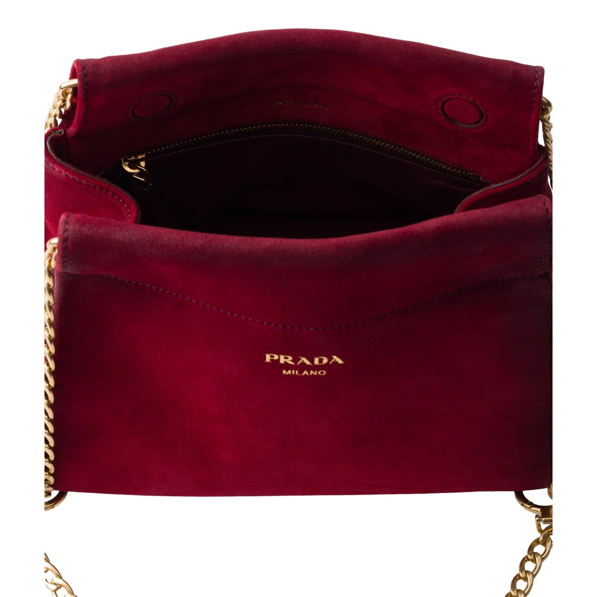 Prada Mini Enchaine Suede Ombre Shoulder Bag Rubino Red available at Queen Bee of Beverly Hills