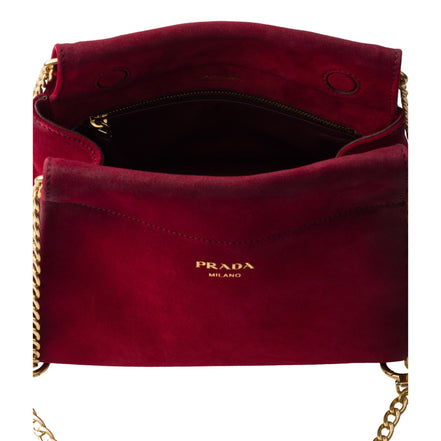 Prada Mini Enchaine Suede Ombre Shoulder Bag Rubino Red available at Queen Bee of Beverly Hills