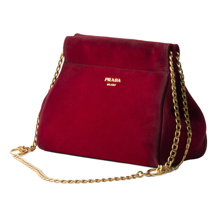Prada Mini Enchaine Suede Ombre Shoulder Bag Rubino Red available at Queen Bee of Beverly Hills