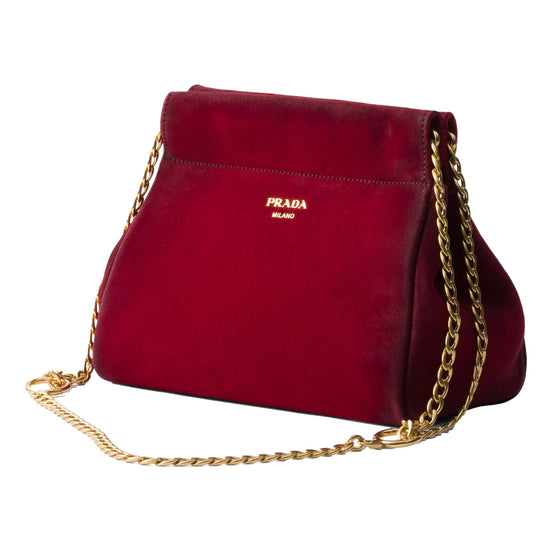 Prada Mini Enchaine Suede Ombre Shoulder Bag Rubino Red available at Queen Bee of Beverly Hills