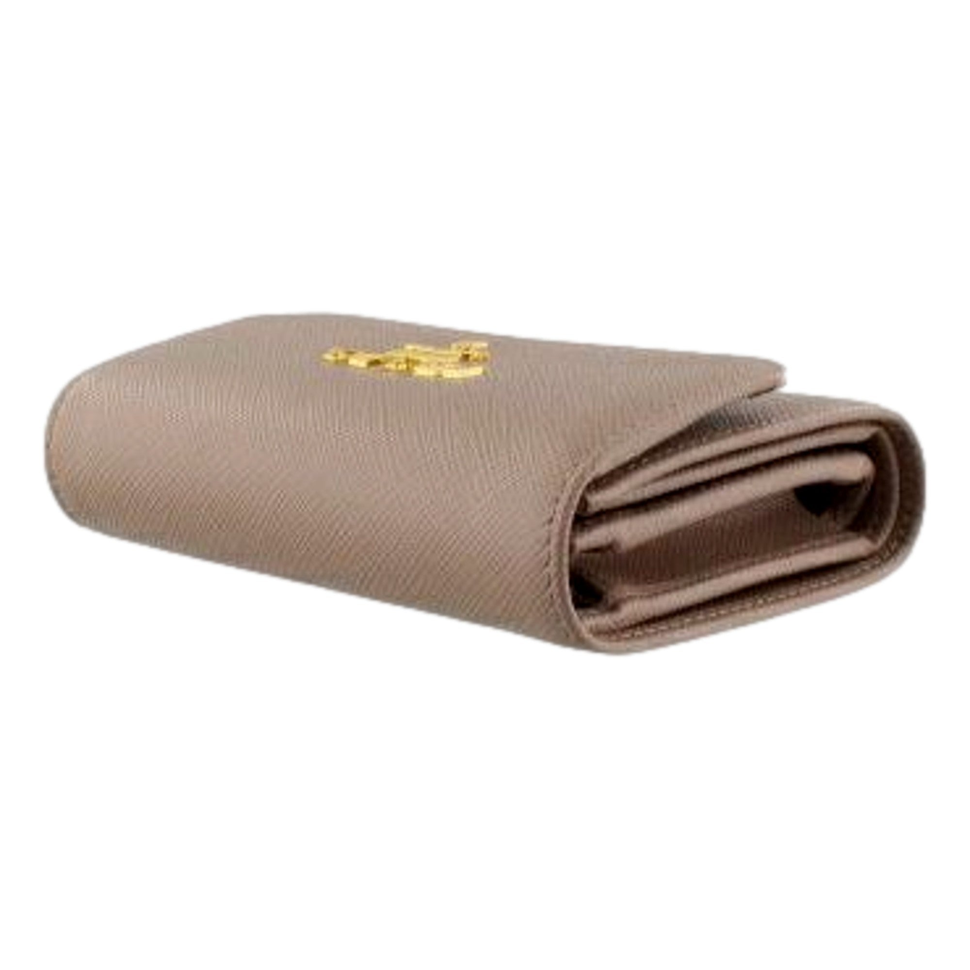 Prada Saffiano Leather Trifold Coin Zipper Card Snap Wallet Cipria Beige available at Queen Bee of Beverly Hills