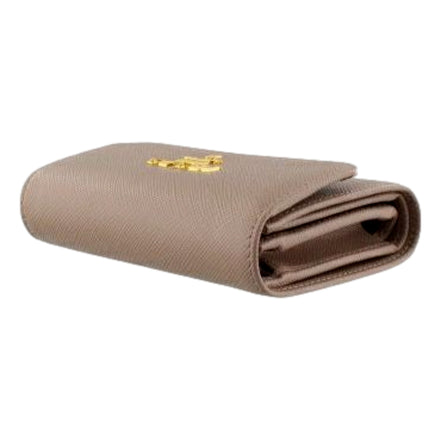 Prada Saffiano Leather Trifold Coin Zipper Card Snap Wallet Cipria Beige available at Queen Bee of Beverly Hills