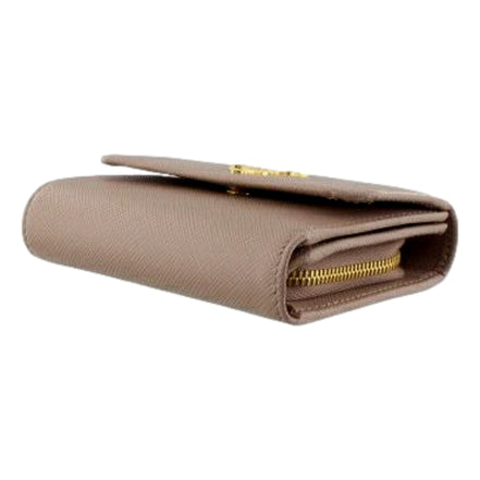Prada Saffiano Leather Trifold Coin Zipper Card Snap Wallet Cipria Beige available at Queen Bee of Beverly Hills