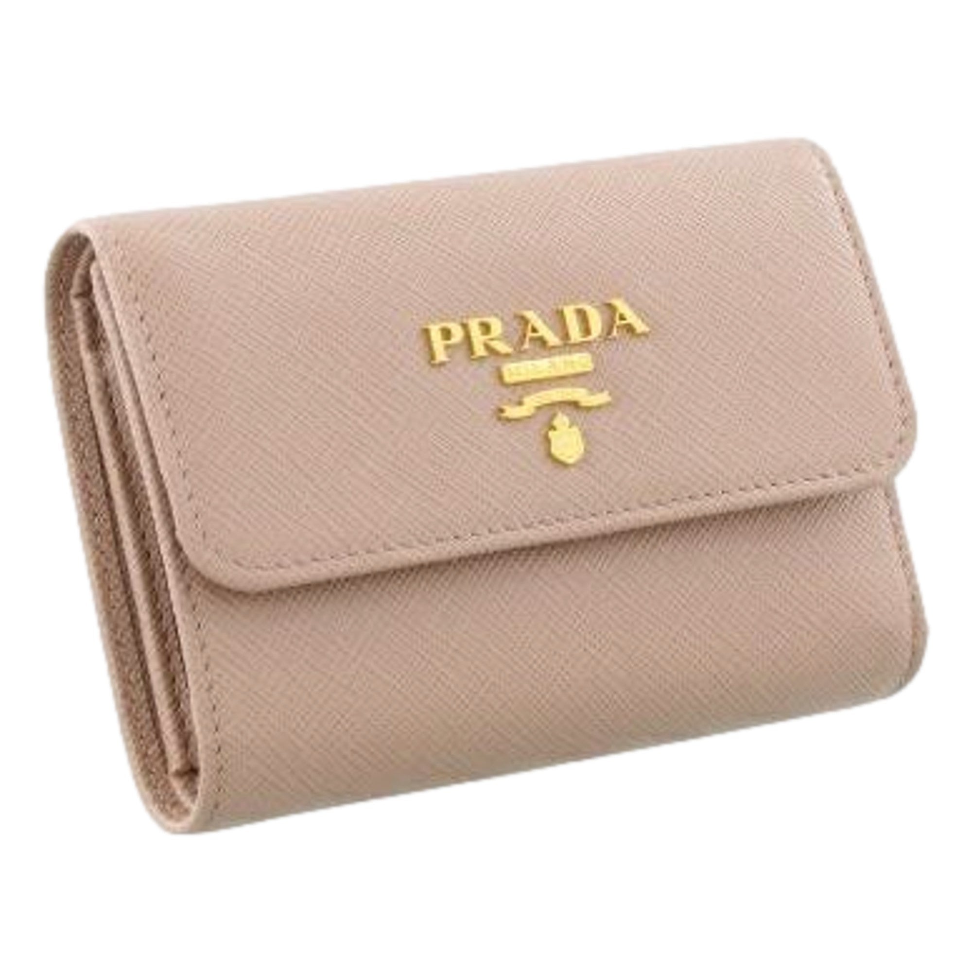 Prada Saffiano Leather Trifold Coin Zipper Card Snap Wallet Cipria Beige available at Queen Bee of Beverly Hills