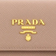 Prada Saffiano Leather Trifold Coin Zipper Card Snap Wallet Cipria Beige available at Queen Bee of Beverly Hills