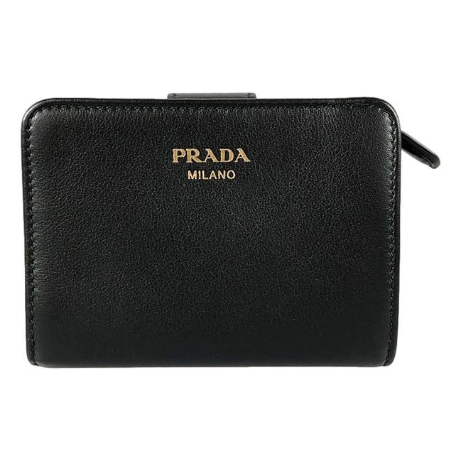 Prada Soft Calfskin Nero Black Leather Small Snap Wallet with Zipper available at Queen Bee of Beverly Hills