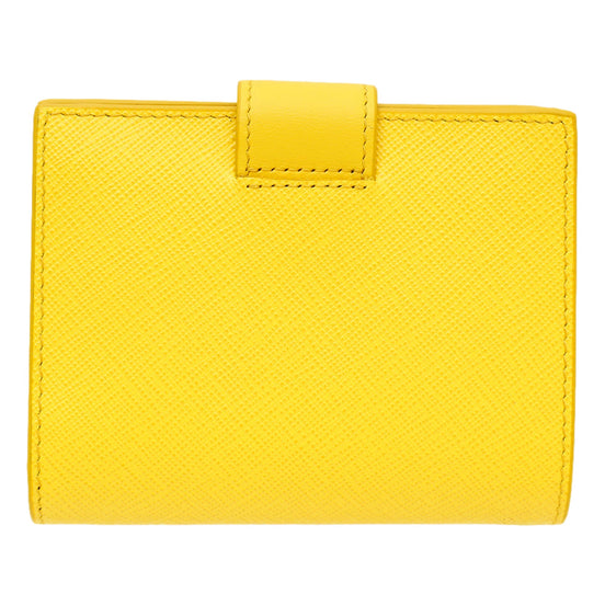 Prada Saffiano Leather Snap Bifold Wallet Sole Yellow available at Queen Bee of Beverly Hills
