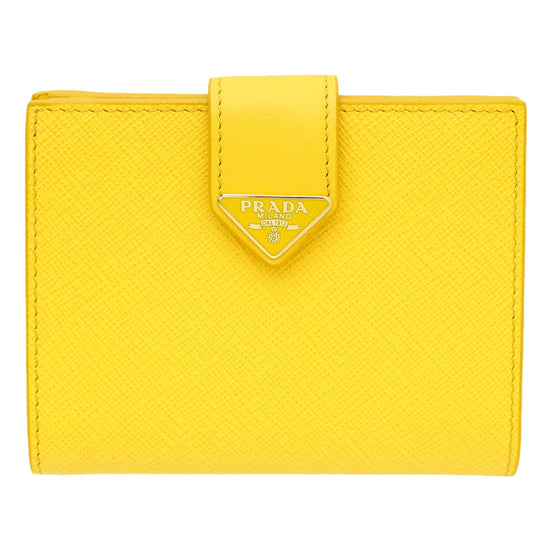 Prada Saffiano Leather Snap Bifold Wallet Sole Yellow available at Queen Bee of Beverly Hills