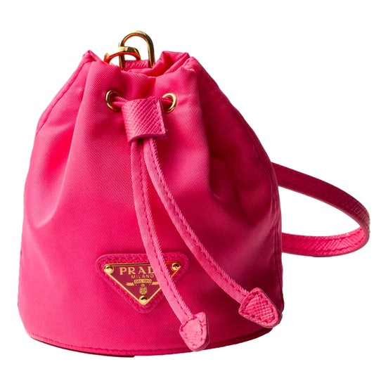 Prada Re Nylon and Saffiano Leather Trim Mini Bag Charm Keychain Peonia Pink available at Queen Bee of Beverly Hills