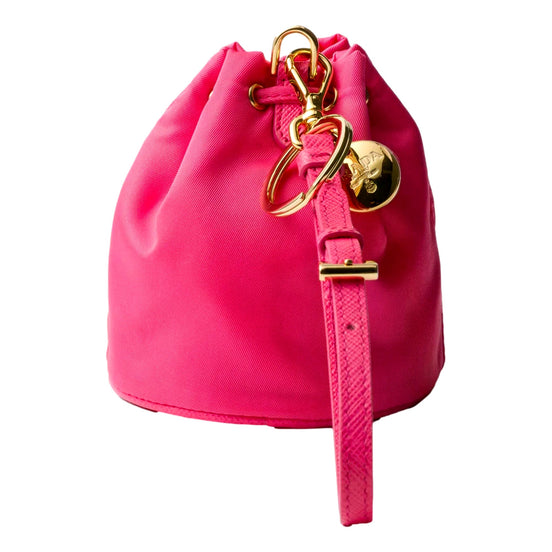 Prada Re Nylon and Saffiano Leather Trim Mini Bag Charm Keychain Peonia Pink available at Queen Bee of Beverly Hills