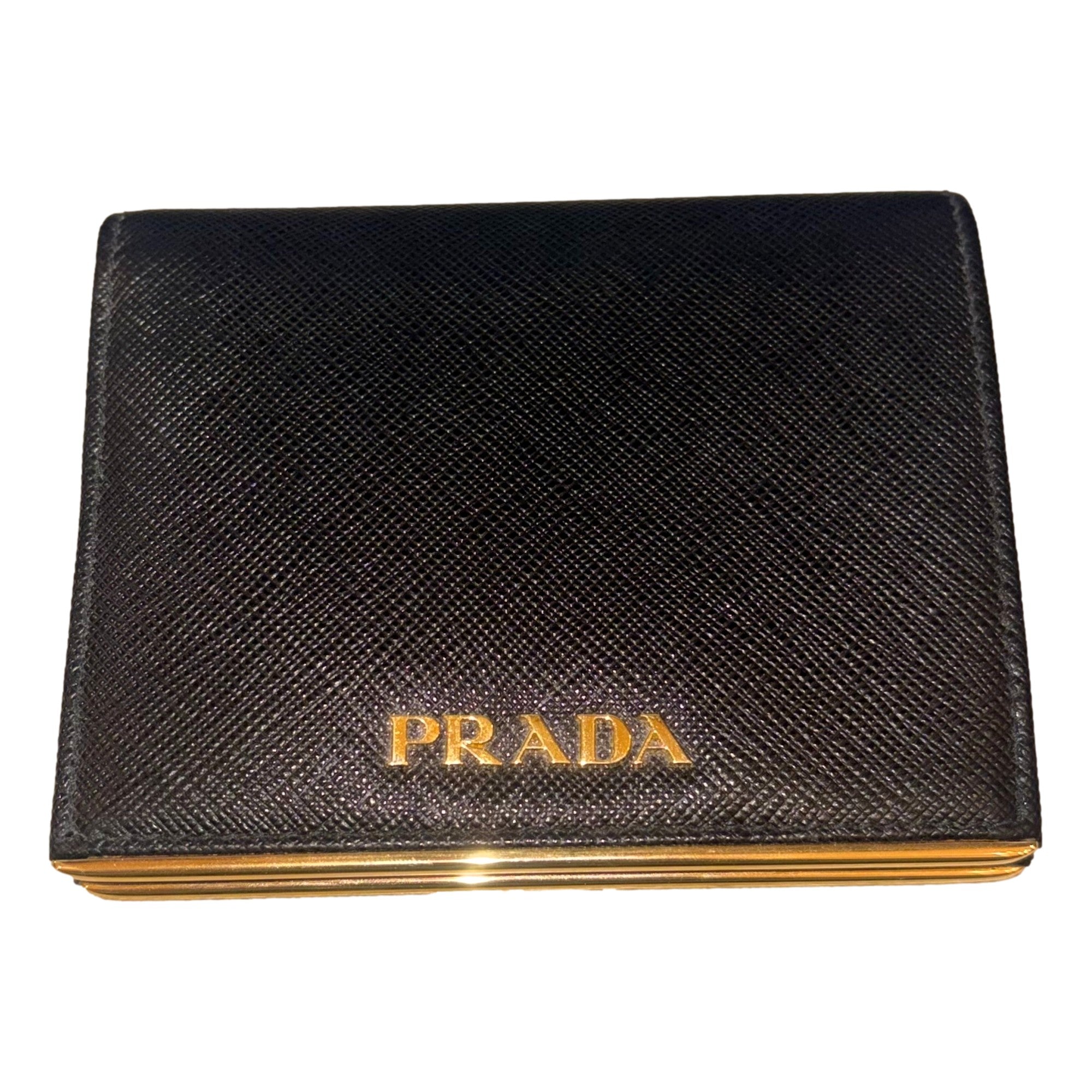 Prada Saffiano Leather Gold Metal Trim Snap Bifold Wallet Black available at Queen Bee of Beverly Hills