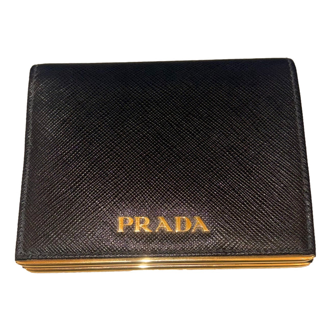 Prada Saffiano Leather Gold Metal Trim Snap Bifold Wallet Black available at Queen Bee of Beverly Hills