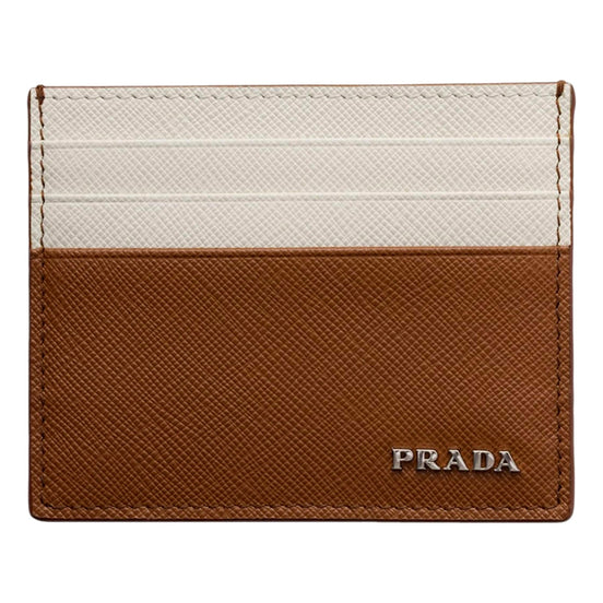 Prada Saffiano Leather Card Holder Wallet Talc White Brown available at Queen Bee of Beverly Hills