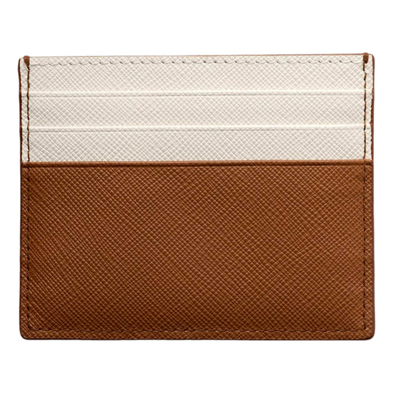 Prada Saffiano Leather Card Holder Wallet Talc White Brown available at Queen Bee of Beverly Hills