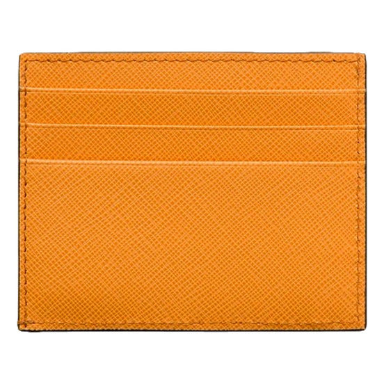Prada Saffiano Triangle Logo Card Holder Wallet Ambra Orange available at Queen Bee of Beverly Hills