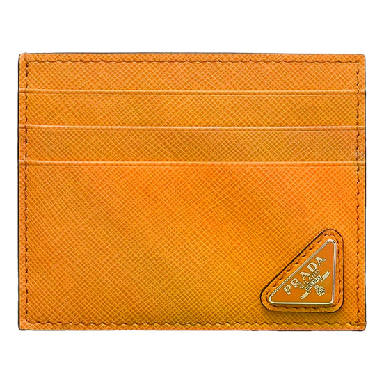 Prada Saffiano Triangle Logo Card Holder Wallet Ambra Orange available at Queen Bee of Beverly Hills