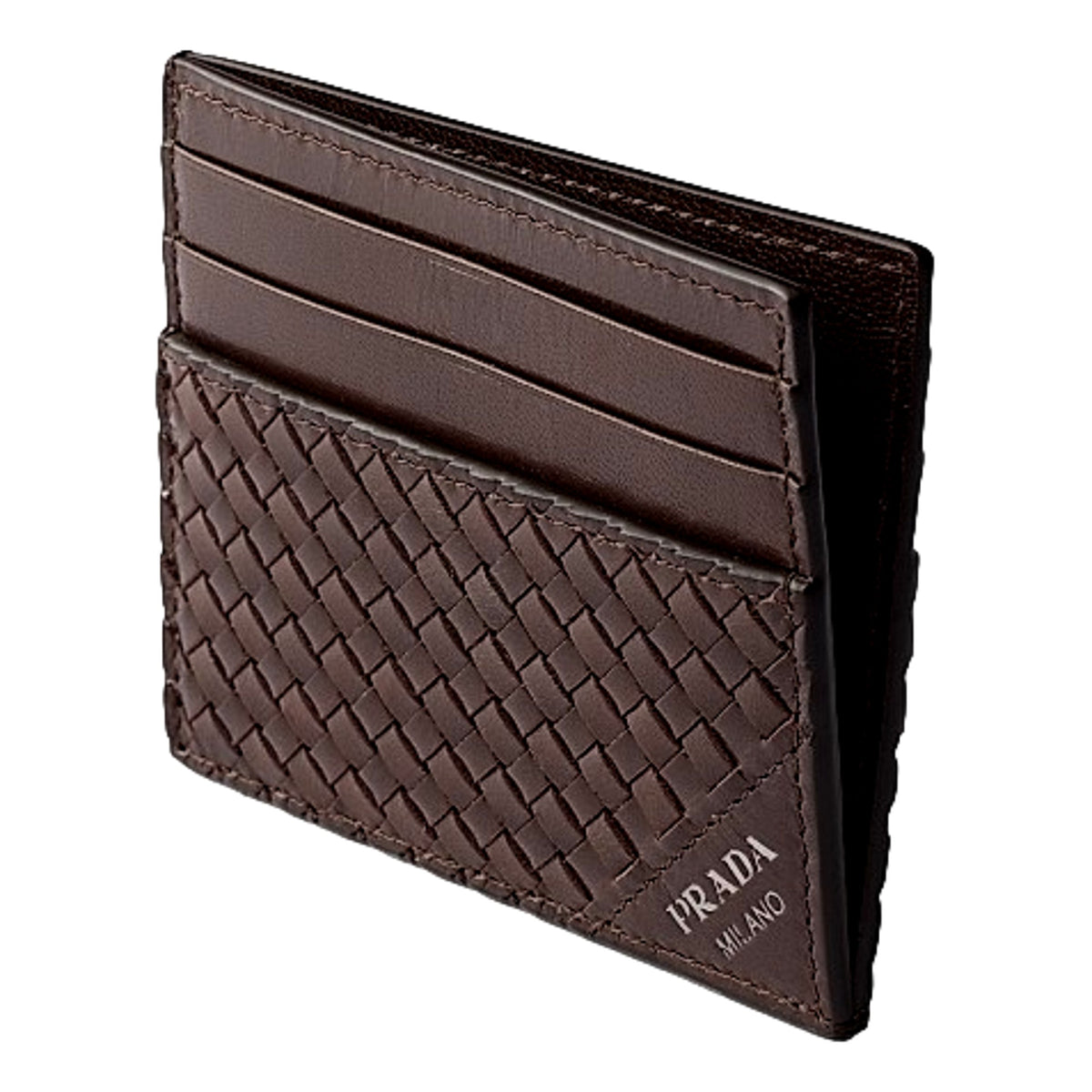 Prada Woven Leather Small Card Case Wallet Dark Brown available at Queen Bee of Beverly Hills