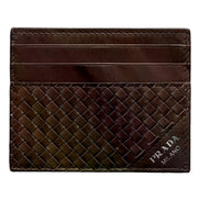 Prada Woven Leather Small Card Case Wallet Dark Brown available at Queen Bee of Beverly Hills