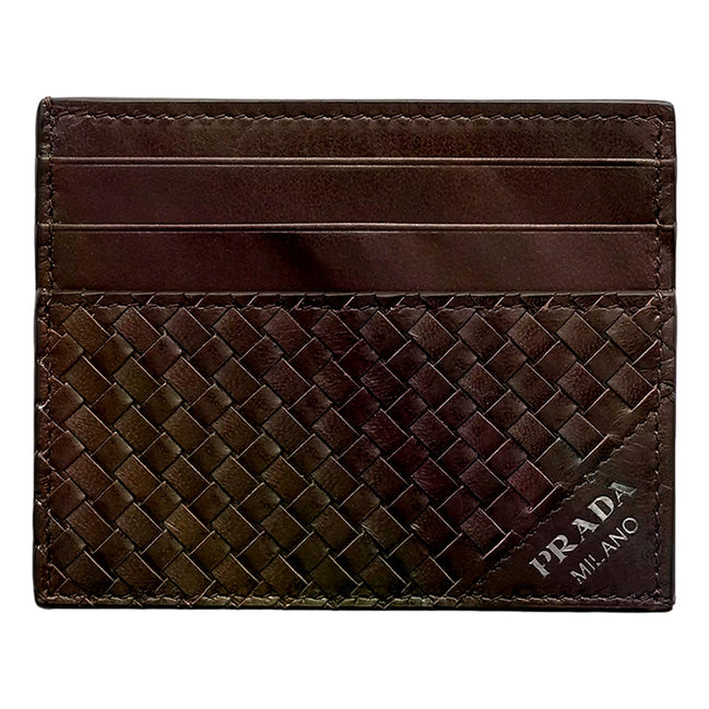 Prada Woven Leather Small Card Case Wallet Dark Brown available at Queen Bee of Beverly Hills
