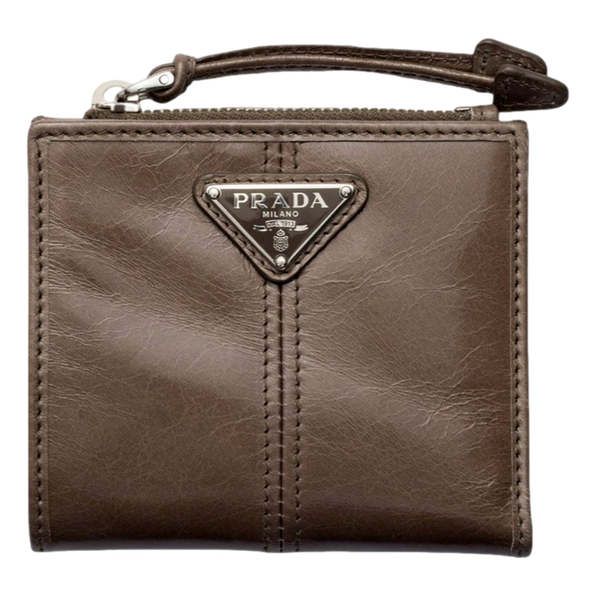 Prada Soft Lux Leather Zipper Bifold Wallet Card Holder Argilla Gray available at Queen Bee of Beverly Hills