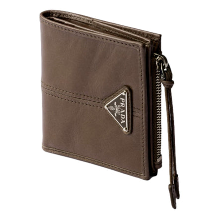 Prada Soft Lux Leather Zipper Bifold Wallet Card Holder Argilla Gray available at Queen Bee of Beverly Hills