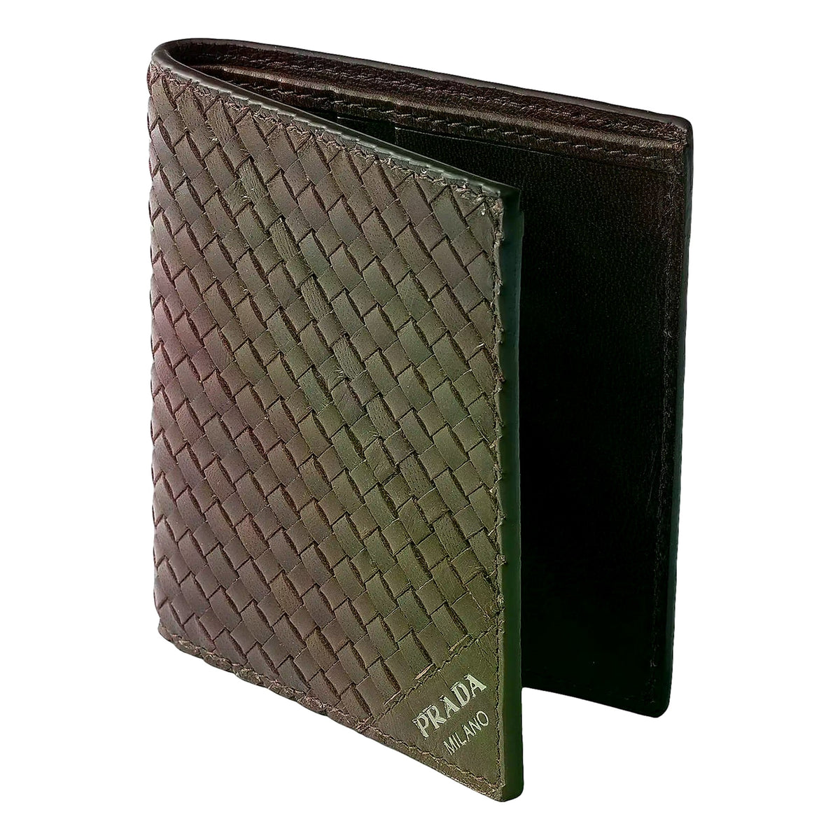 Prada Woven Leather Bifold Wallet Dark Brown