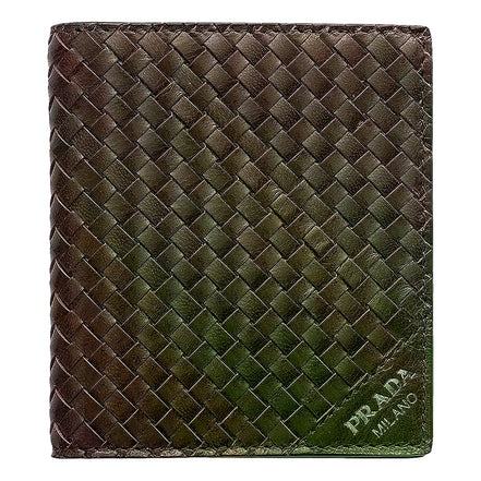 Prada Woven Leather Bifold Wallet Dark Brown