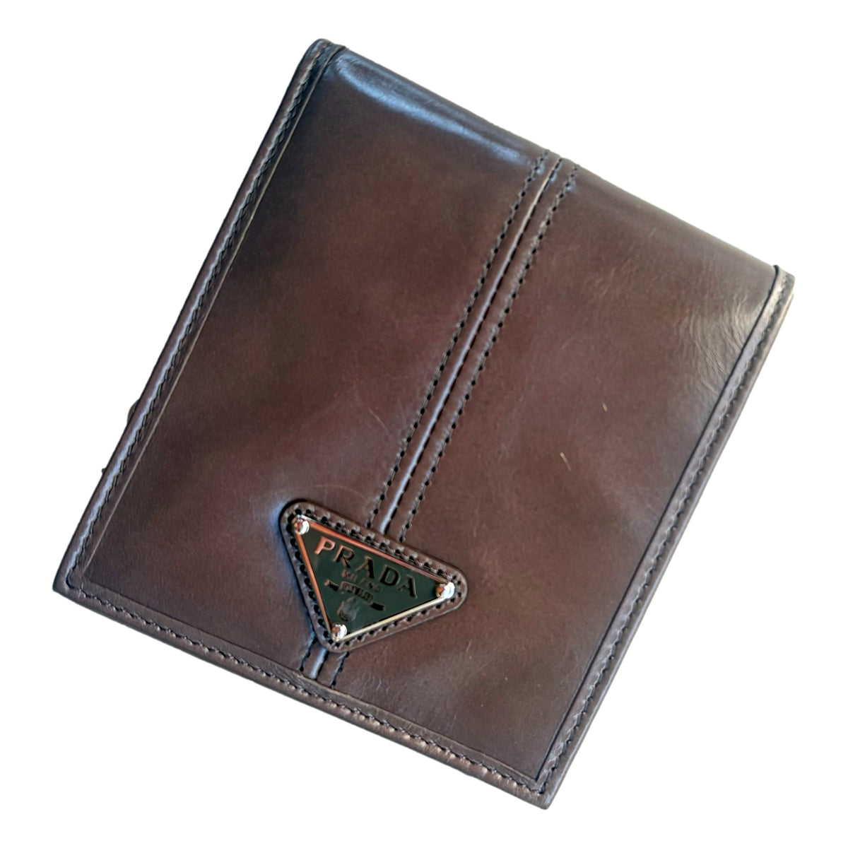 Prada Soft Lux Leather Triangle Logo Bifold Wallet Argilla Gray sold at Queen Bee of Beverly Hills