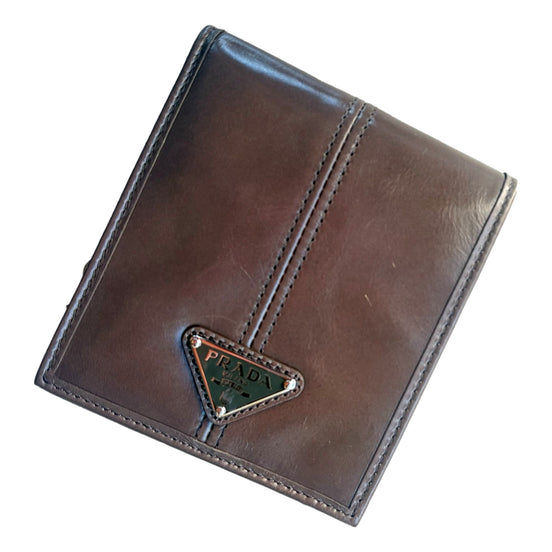 Prada Soft Lux Leather Triangle Logo Bifold Wallet Argilla Gray sold at Queen Bee of Beverly Hills