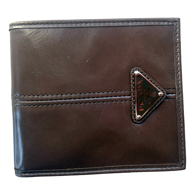 Prada Soft Lux Leather Triangle Logo Bifold Wallet Argilla Gray sold at Queen Bee of Beverly Hills