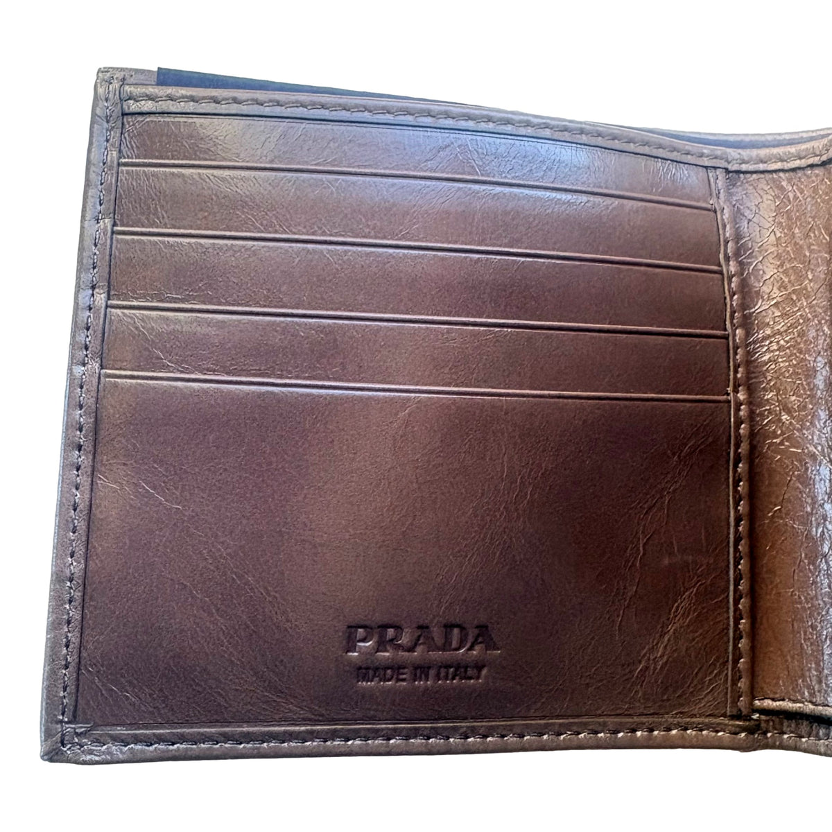 Prada Soft Lux Leather Triangle Logo Bifold Wallet Argilla Gray sold at Queen Bee of Beverly Hills